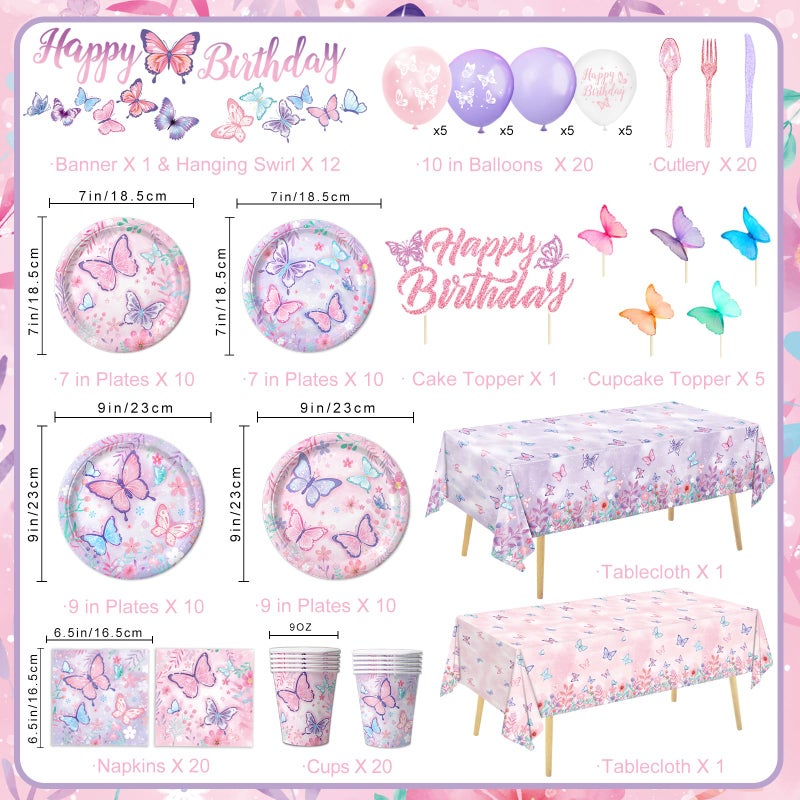 LINHAXM Butterfly Birthday Decorations, Girls Birthday Supplies - Plates, Napkins, Cups, Cutlery, Cake & Cupcake Toppers, Banner, Hanging Swirls, Tablecloth, Balloons for Butterfly Party Decorations, Serve 20 - Image 2