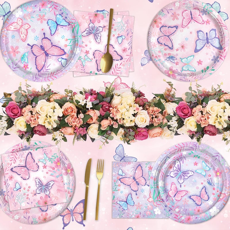 LINHAXM Butterfly Birthday Decorations, Girls Birthday Supplies - Plates, Napkins, Cups, Cutlery, Cake & Cupcake Toppers, Banner, Hanging Swirls, Tablecloth, Balloons for Butterfly Party Decorations, Serve 20 - Image 4