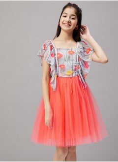 Stylo Bug Floral Printed Ruffle Sleeves A-Line Dress by Styli  - Image 1