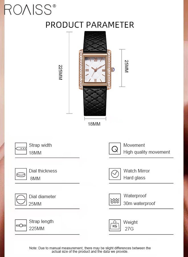 رويس ساعة كوارتز نسائية بحزام جلدي بقرص نسيج المعين مع إطار مزخرف بأحجار الراين، ساعة يد بسيطة عصرية مقاومة للماء كهدية للسيدات - Image 3