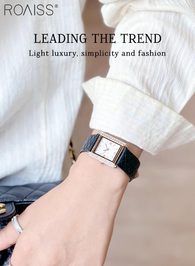 رويس ساعة كوارتز نسائية بحزام جلدي بقرص نسيج المعين مع إطار مزخرف بأحجار الراين، ساعة يد بسيطة عصرية مقاومة للماء كهدية للسيدات - Image 2