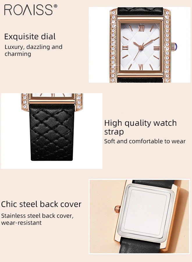 رويس ساعة كوارتز نسائية بحزام جلدي بقرص نسيج المعين مع إطار مزخرف بأحجار الراين، ساعة يد بسيطة عصرية مقاومة للماء كهدية للسيدات - Image 4