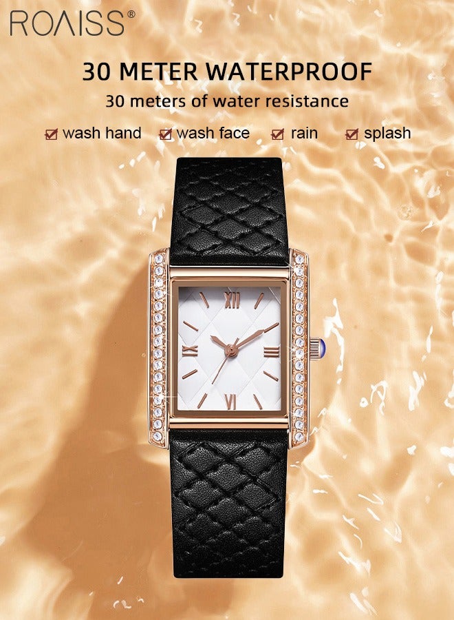 رويس ساعة كوارتز نسائية بحزام جلدي بقرص نسيج المعين مع إطار مزخرف بأحجار الراين، ساعة يد بسيطة عصرية مقاومة للماء كهدية للسيدات - Image 5