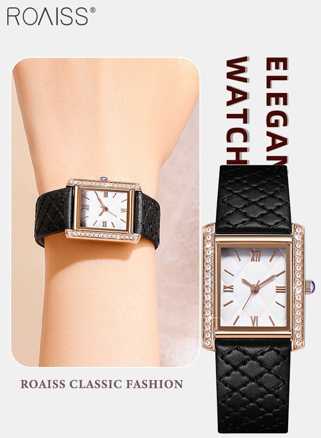 رويس ساعة كوارتز نسائية بحزام جلدي بقرص نسيج المعين مع إطار مزخرف بأحجار الراين، ساعة يد بسيطة عصرية مقاومة للماء كهدية للسيدات - Image 1