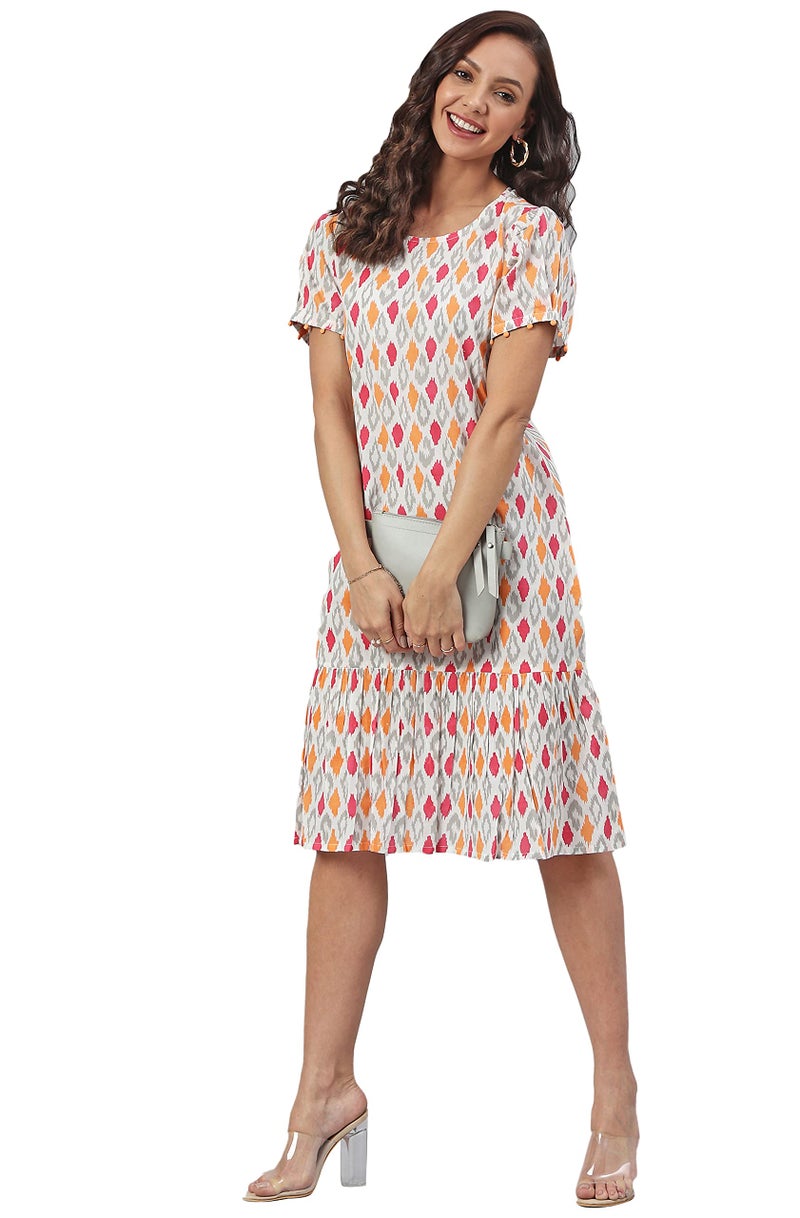 Janasya Women's Off White Cotton Printed A-line Western Dress(JNE3905-DR-XL) - Image 2