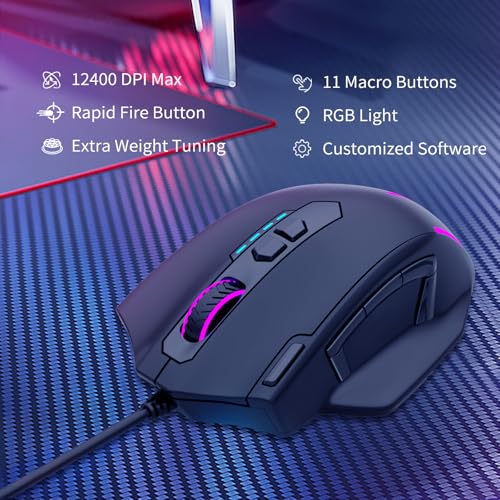 E-YOOSO Wired Large Gaming Mouse, RGB Backlit, 5 Macro Side Buttons, 200-12400 DPI, 11 Programmable Buttons, Rapid Fire Button, Adjustable Weights, Software Supports, Ergonomic for PC/Mac, Black - Image 2