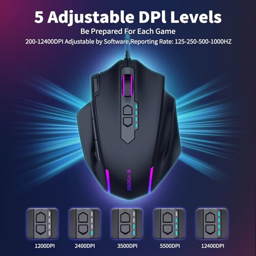 E-YOOSO Wired Large Gaming Mouse, RGB Backlit, 5 Macro Side Buttons, 200-12400 DPI, 11 Programmable Buttons, Rapid Fire Button, Adjustable Weights, Software Supports, Ergonomic for PC/Mac, Black - Image 3