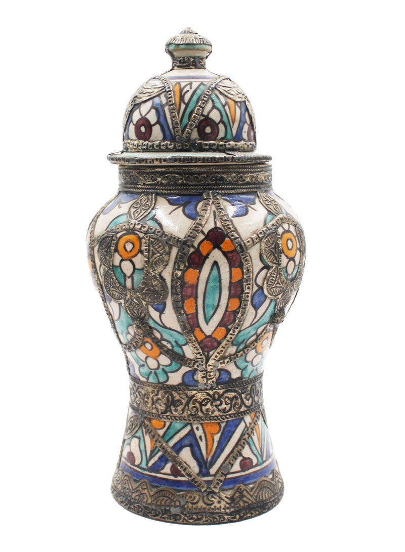Antique Museum MOROCCAN HAND PAINTED POT WHITE METAL WORK 33 CM  - Image 1