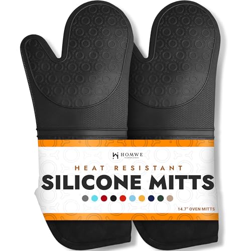 HOMWE BPA-Free Silicone Oven Mitts Ultra Heat Resistant up to 500°F - Oven Mitts with Thick Cotton Liner - Long Slip Resistant Pot Holders, Flexible Oven Gloves - Black 14.7 - Image 1