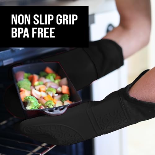 HOMWE BPA-Free Silicone Oven Mitts Ultra Heat Resistant up to 500°F - Oven Mitts with Thick Cotton Liner - Long Slip Resistant Pot Holders, Flexible Oven Gloves - Black 14.7 - Image 5