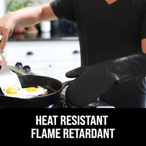 HOMWE BPA-Free Silicone Oven Mitts Ultra Heat Resistant up to 500°F - Oven Mitts with Thick Cotton Liner - Long Slip Resistant Pot Holders, Flexible Oven Gloves - Black 14.7 - Image 3