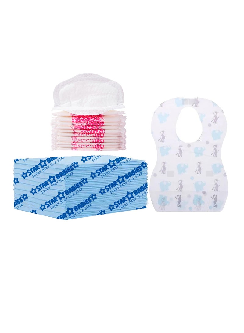 Star Babies Combo Pack (Changing mat 12pcs, Breast Pad 12pcs, Disposable Bibs 12pcs)-Blue - Image 1