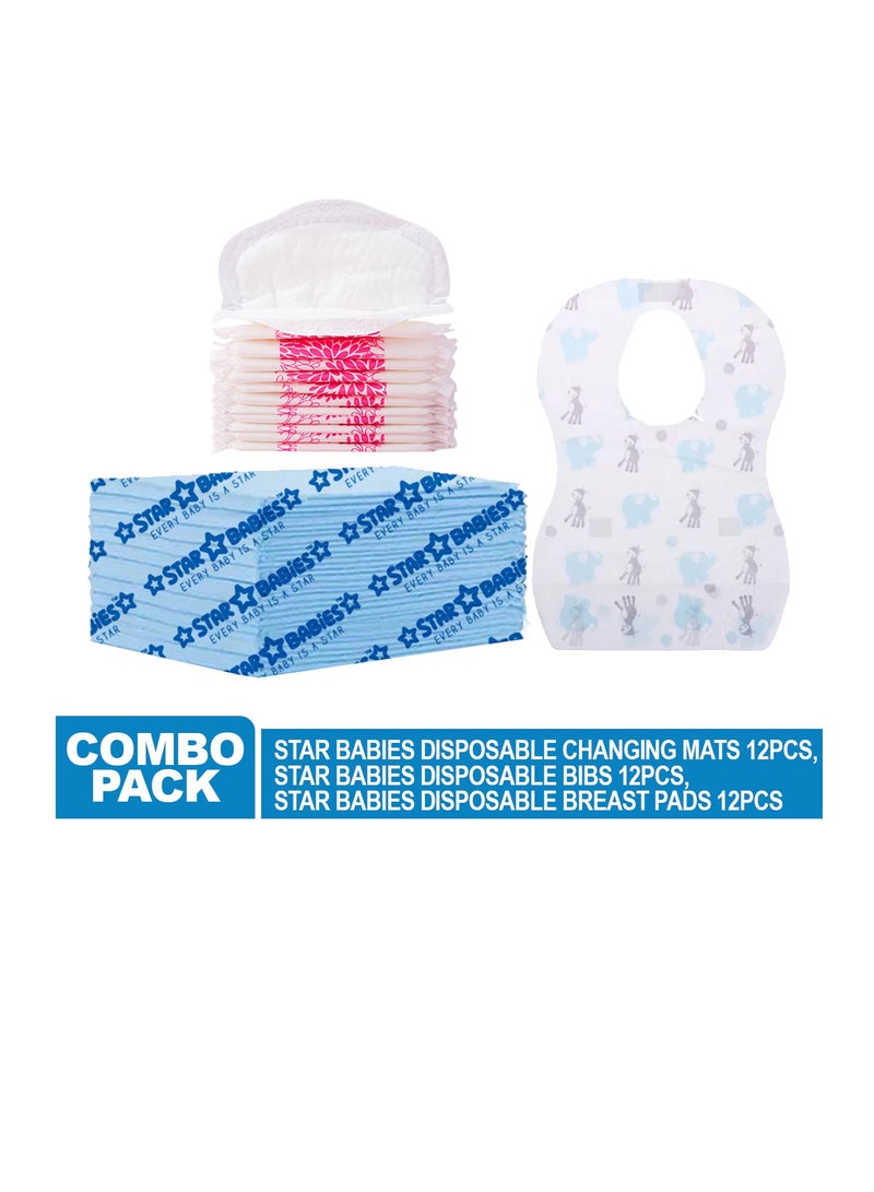 Star Babies Combo Pack (Changing mat 12pcs, Breast Pad 12pcs, Disposable Bibs 12pcs)-Blue - Image 2