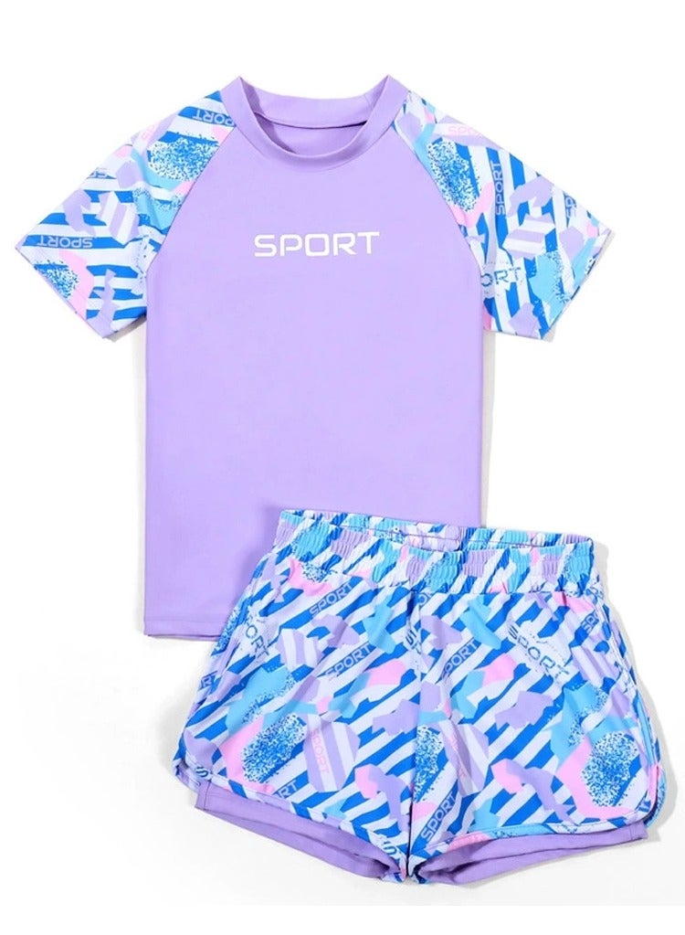 Loquat Girls Split Swimsuit 2 Piece Set Short Sleeve Swim Shirts,Double Layered Swim Trunks Bathing Suits - Image 1
