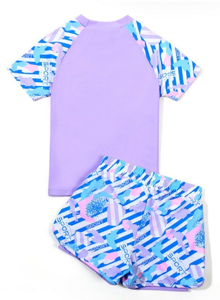 Loquat Girls Split Swimsuit 2 Piece Set Short Sleeve Swim Shirts,Double Layered Swim Trunks Bathing Suits - Image 2