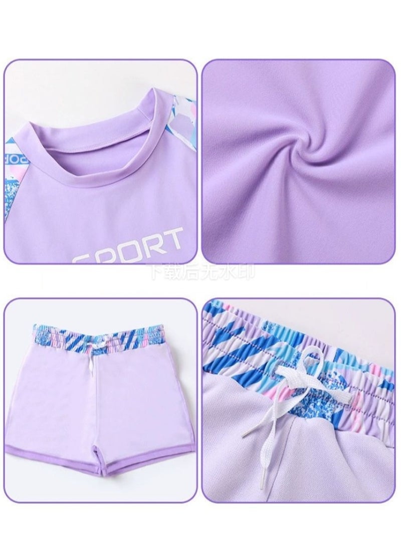 Loquat Girls Split Swimsuit 2 Piece Set Short Sleeve Swim Shirts,Double Layered Swim Trunks Bathing Suits - Image 3
