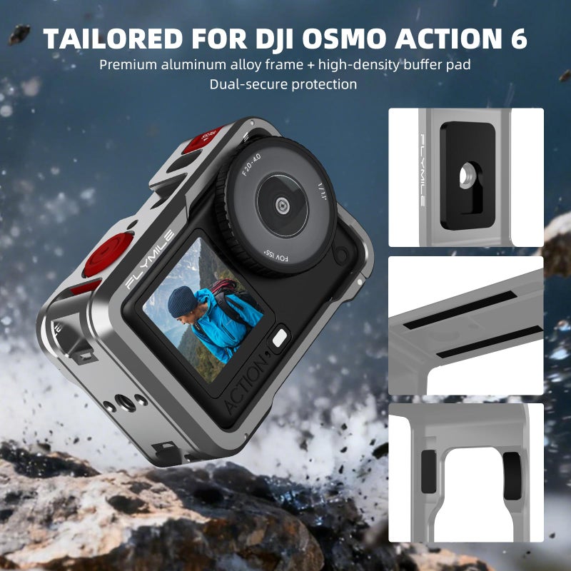 Flymile Action 6 Camera Cage for DJI Osmo Action 6, Protective Case Metal Frame with Silicone Lens Cap, Cold Shoe & 1/4" Threads Adapter, Aluminum Alloy Quick Release Mount Accessories - Image 3