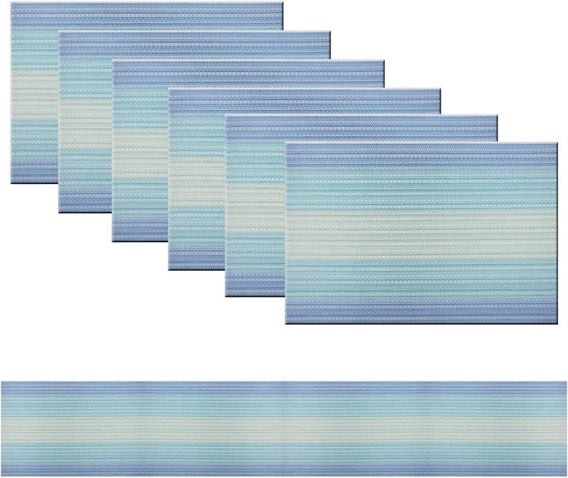 pigchcy Placemats Set of 6 and Table Runner,Heat Resistant Vinyl Woven Washable Table mats Sets (6 Placemats+1 Table Runner, Coastal Blue) - Image 1