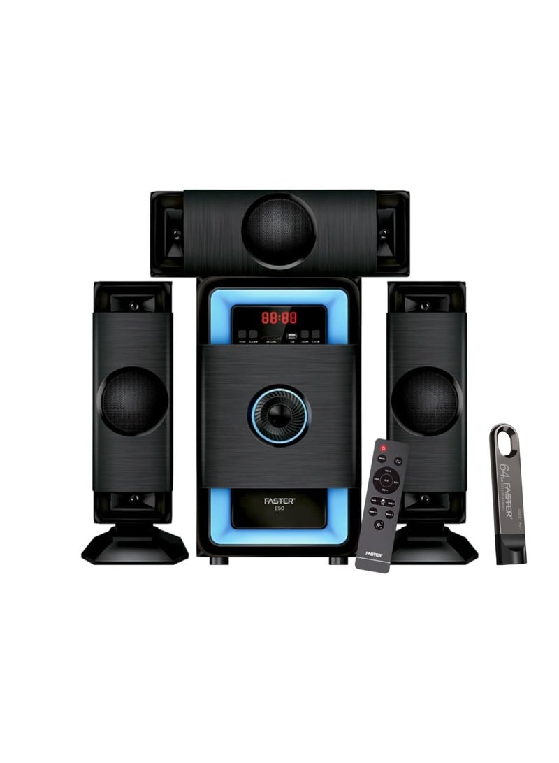 Faster E50 3.1 Channel Speaker System 70W Subwoofer + 64GB USB 3.1 Flash Drive Bundle – Hi-Fi Home Stereo with Bluetooth 5.4, Remote Control, USB, AUX, SD, FM – Deep Bass Multimedia Theater System & Super-Fast Metal Pendrive for TV, PC, and Laptop - Image 1