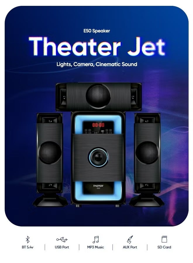 Faster E50 3.1 Channel Speaker System 70W Subwoofer + 64GB USB 3.1 Flash Drive Bundle – Hi-Fi Home Stereo with Bluetooth 5.4, Remote Control, USB, AUX, SD, FM – Deep Bass Multimedia Theater System & Super-Fast Metal Pendrive for TV, PC, and Laptop - Image 2