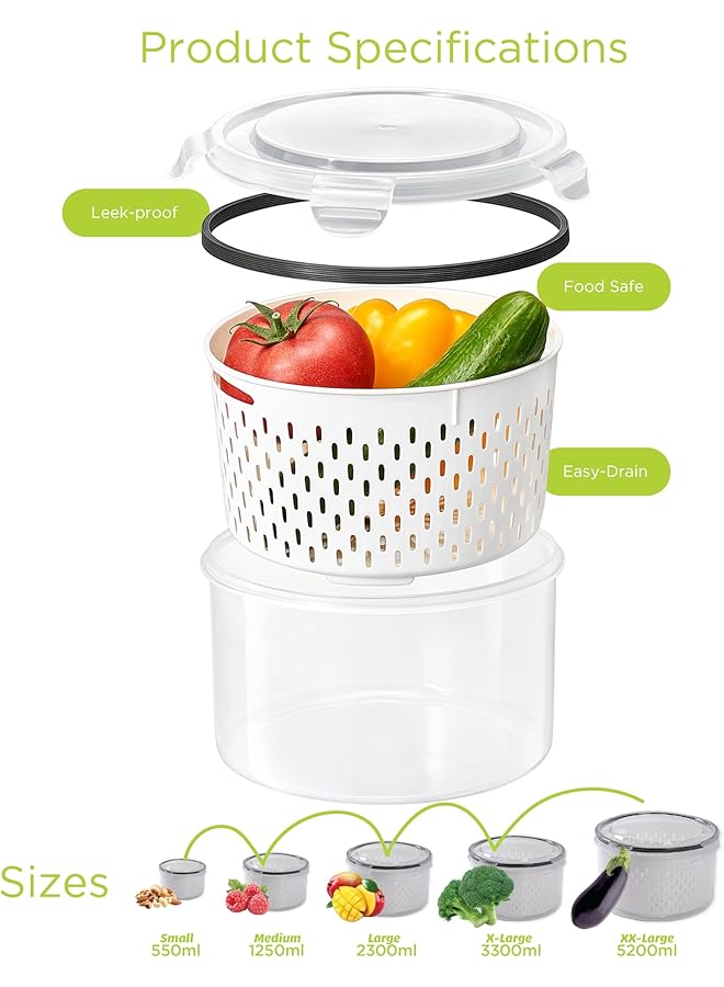 كاست ويف حاويات تخزين الفاكهة للثلاجة مع مصافي قابلة للإزالة، مع مصافي قابلة للإزالة، صناديق تنظيم الثلاجة مانعة للتسرب، حاويات منتجات خالية من مادة BPA تحافظ على نضارة الفاكهة والخضراوات والتوت واللحوم (4 قطع) - Image 2