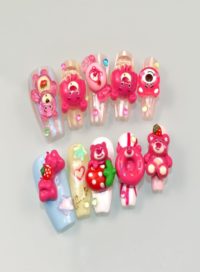 LIFOOST Handmade Fake Nails Lovely Long Press-on Nails with Strawberry Bear Designs Cartoon Sweet Cool False Nail Tips 10Pcs, Size Small - Image 5
