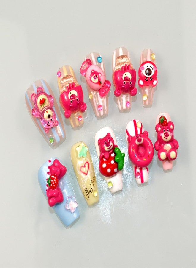 LIFOOST Handmade Fake Nails Lovely Long Press-on Nails with Strawberry Bear Designs Cartoon Sweet Cool False Nail Tips 10Pcs, Size Small - Image 2