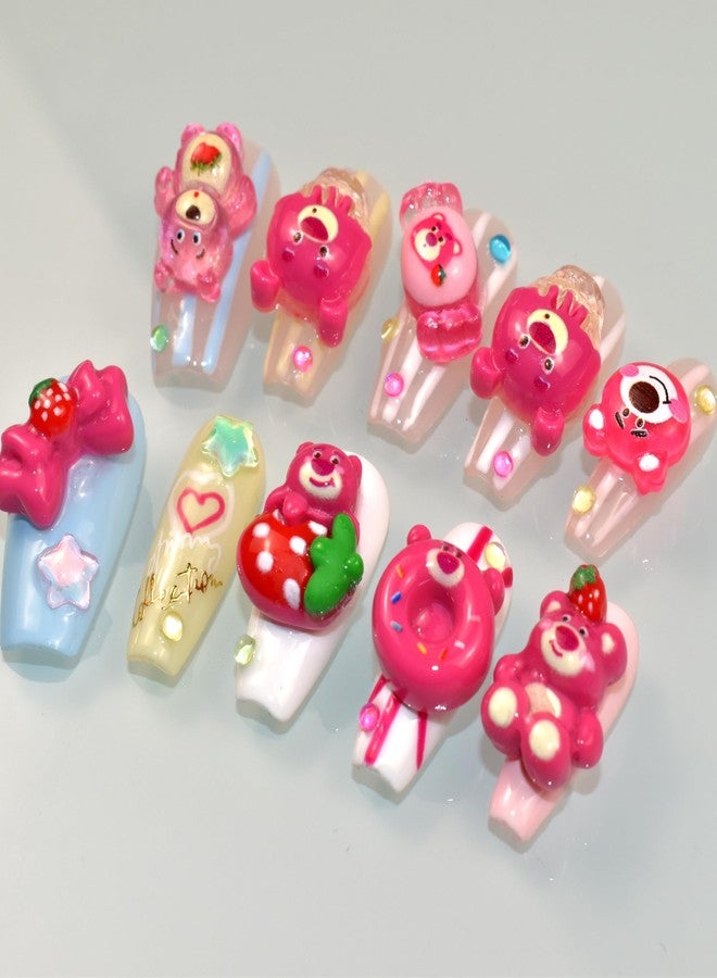 LIFOOST Handmade Fake Nails Lovely Long Press-on Nails with Strawberry Bear Designs Cartoon Sweet Cool False Nail Tips 10Pcs, Size Small - Image 4
