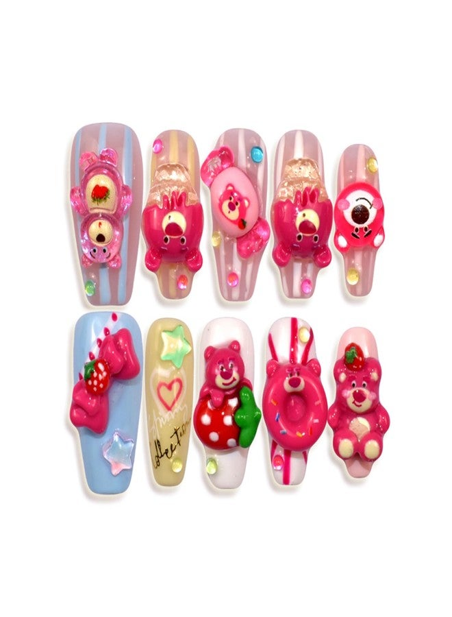 LIFOOST Handmade Fake Nails Lovely Long Press-on Nails with Strawberry Bear Designs Cartoon Sweet Cool False Nail Tips 10Pcs, Size Small - Image 1