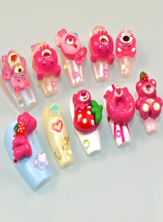 LIFOOST Handmade Fake Nails Lovely Long Press-on Nails with Strawberry Bear Designs Cartoon Sweet Cool False Nail Tips 10Pcs, Size Small - Image 3