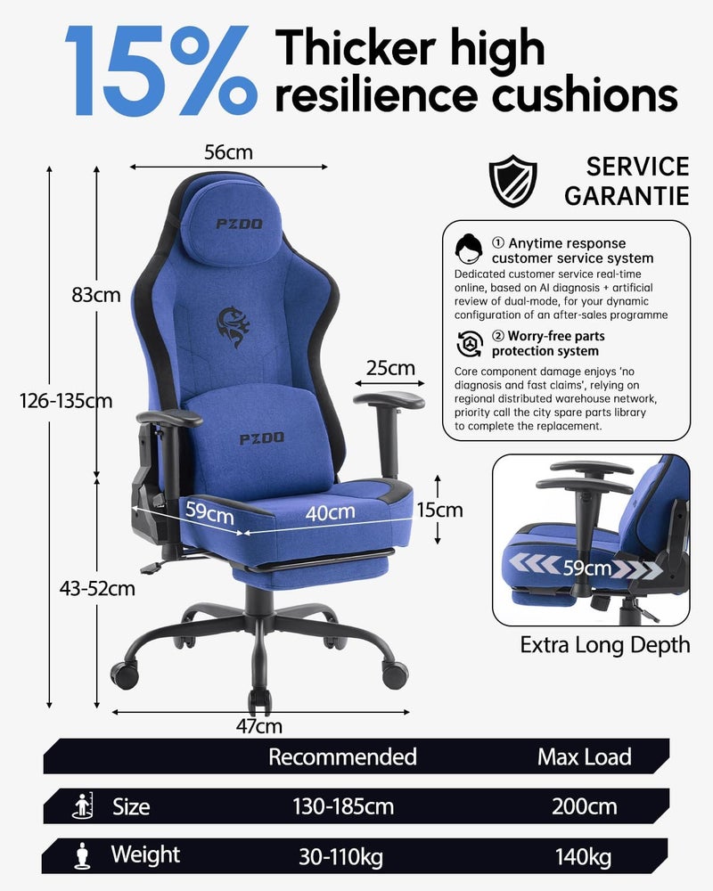 Ergonomic Gaming Chairs for Adults with Retractable Footrest, Fabric Racing Gaming Chair Height Adujustable, Computer Chair Swivel Gamer Chair PC Chair with Lumbar Support, Gift, 150KG, Blue - Image 3