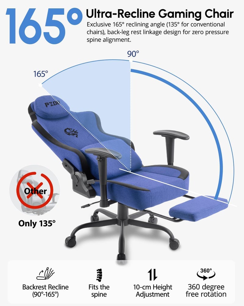 Ergonomic Gaming Chairs for Adults with Retractable Footrest, Fabric Racing Gaming Chair Height Adujustable, Computer Chair Swivel Gamer Chair PC Chair with Lumbar Support, Gift, 150KG, Blue - Image 5