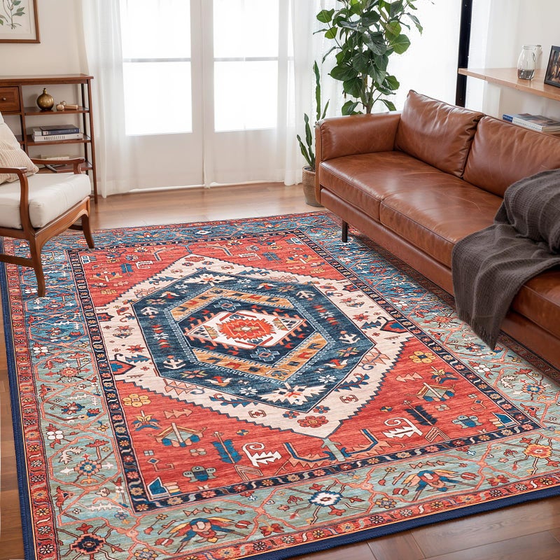 SERISSA Washable Rug 5x7 Boho Area Rugs, Washable Large Rugs for Living Room, Ultra Soft Non-Slip Rust Rug Print Distressed Vintage Farmhouse Carpet for Bedroom Dining Room Dorm Office Home Decor - Image 1