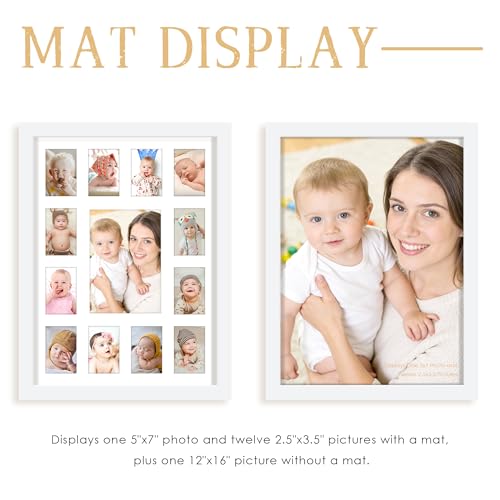 DUENPY 12x16 Inch My First Year Picture Frame - Displays 1 Center Photo (5" x 7") and 12 Small Photos (2.5" x 3.5") | Wall Hanging or Tabletop Collage Frame for Newborn Keepsake & Baby Gift, White - Image 3