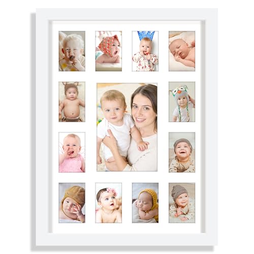 DUENPY 12x16 Inch My First Year Picture Frame - Displays 1 Center Photo (5" x 7") and 12 Small Photos (2.5" x 3.5") | Wall Hanging or Tabletop Collage Frame for Newborn Keepsake & Baby Gift, White - Image 1