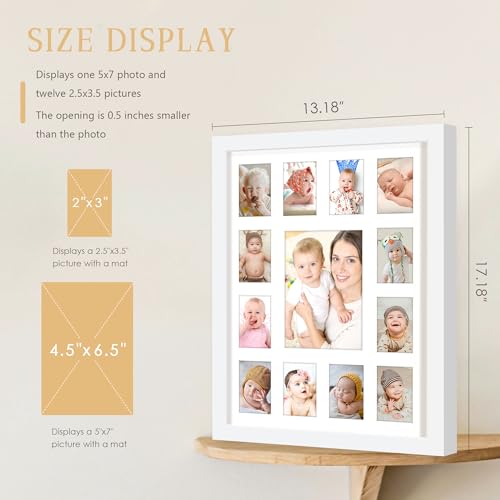 DUENPY 12x16 Inch My First Year Picture Frame - Displays 1 Center Photo (5" x 7") and 12 Small Photos (2.5" x 3.5") | Wall Hanging or Tabletop Collage Frame for Newborn Keepsake & Baby Gift, White - Image 2