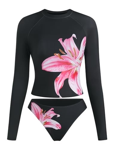ZAFUL Womens Rash Guard Swimsuits Long Sleeve Sun Protection Bathing Suit Tropical Swim Shirts with Briefs Black M - Image 1