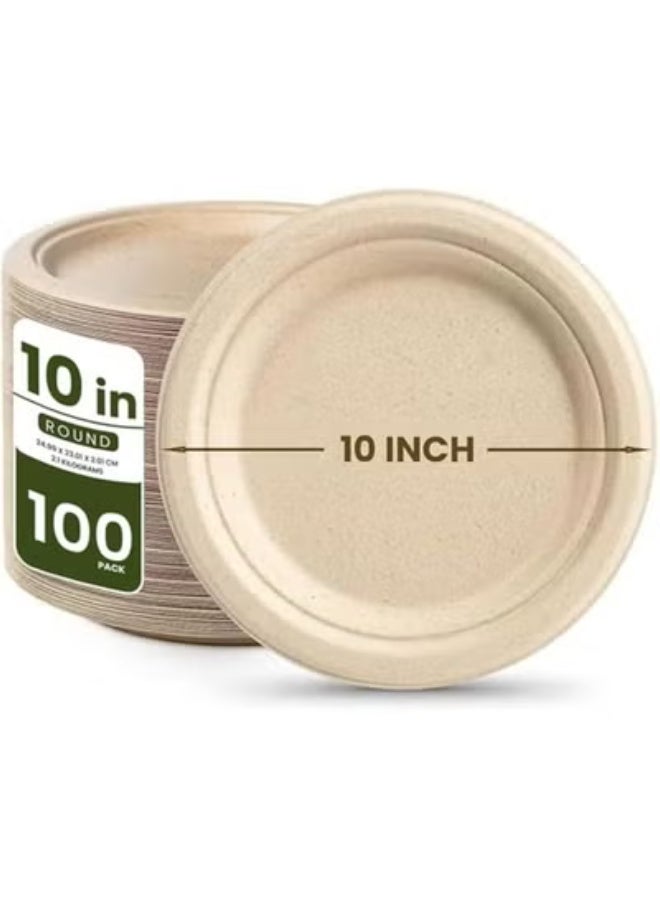 ايكواي ecoway 10-Inch 100% Compostable Disposable Round Bagasse Paper Plates - Biodegradable Sugarcane Fiber - Strong Heavy Duty Rigid Design - Sustainable & Food-Grade - Natural Brown Color, Pack of 100 - Image 1