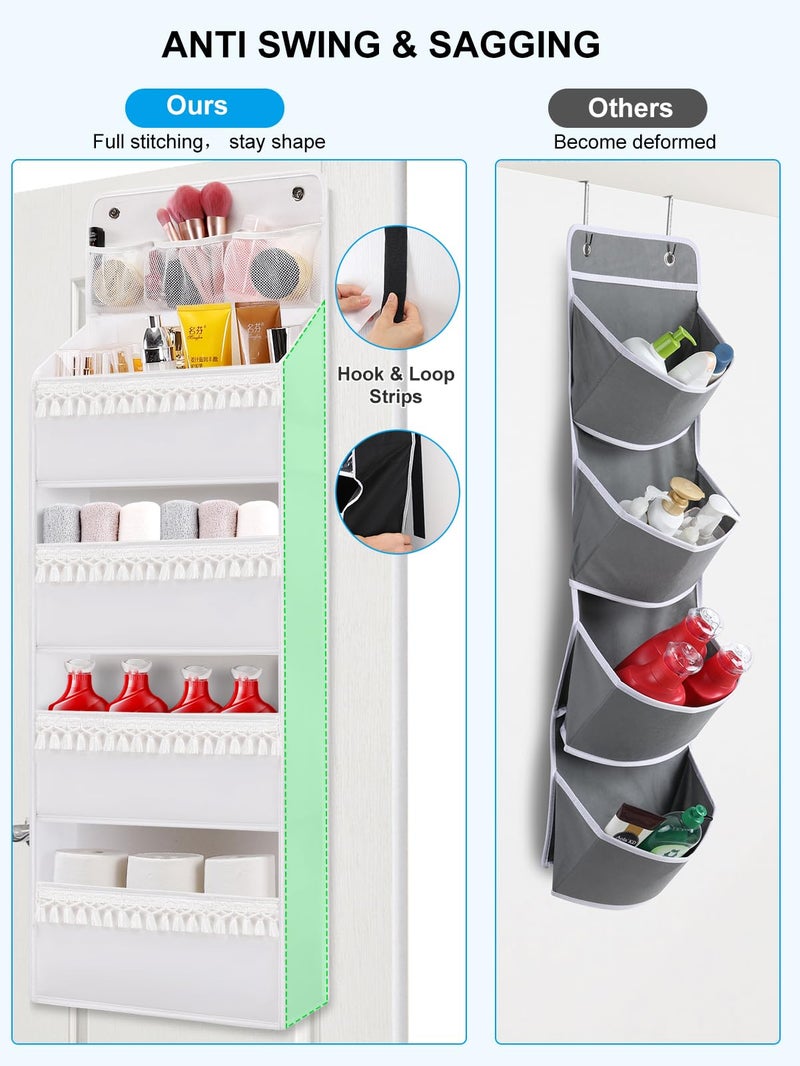 Wakaye Over the Door Organizer - Boho Nursery Hanging Organizer with Tassels -Oxford Behind Door Storage for Bedroom, Bathroom, Closet, Dorm, Pantry, Diapers, 4 Shelves, White - Image 3