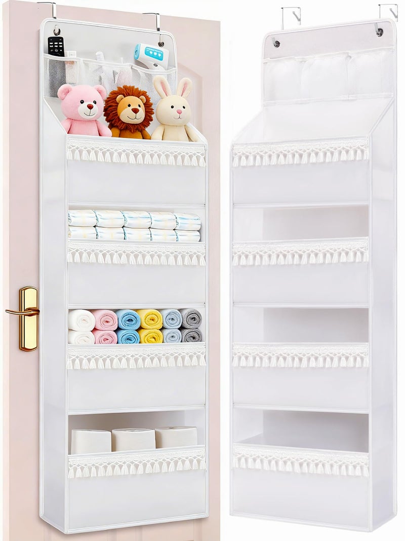 Wakaye Over the Door Organizer - Boho Nursery Hanging Organizer with Tassels -Oxford Behind Door Storage for Bedroom, Bathroom, Closet, Dorm, Pantry, Diapers, 4 Shelves, White - Image 1