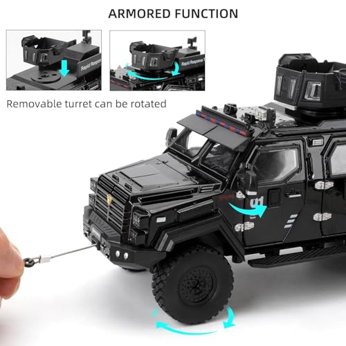 FEXXA Compatible for 1:24 Saber-Toothed Tiger Alloy Armored Car Model, Collectible Diecast Armoured Explosive Protected Vehicle Toy, Pull Back Toy Car with Sound and Light for Adult Kids (Black) - Image 5