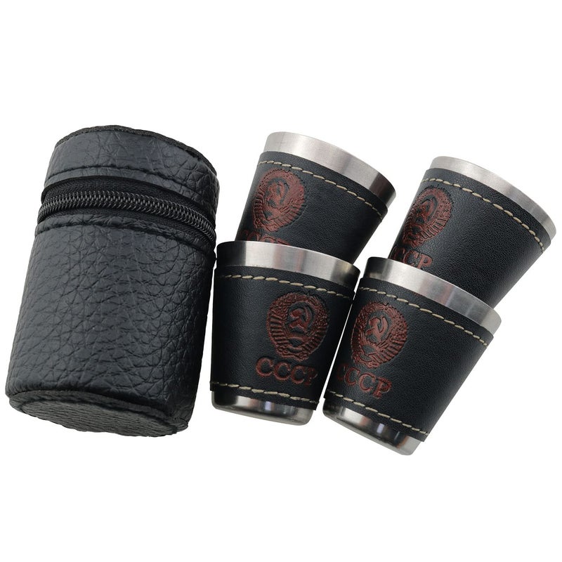 ZZHXSM ZZHXSM Shot Glass 4pcs Stainless Steel Shot Glass With 1 Leather Cover Bag Portable Outdoor Travel Cup