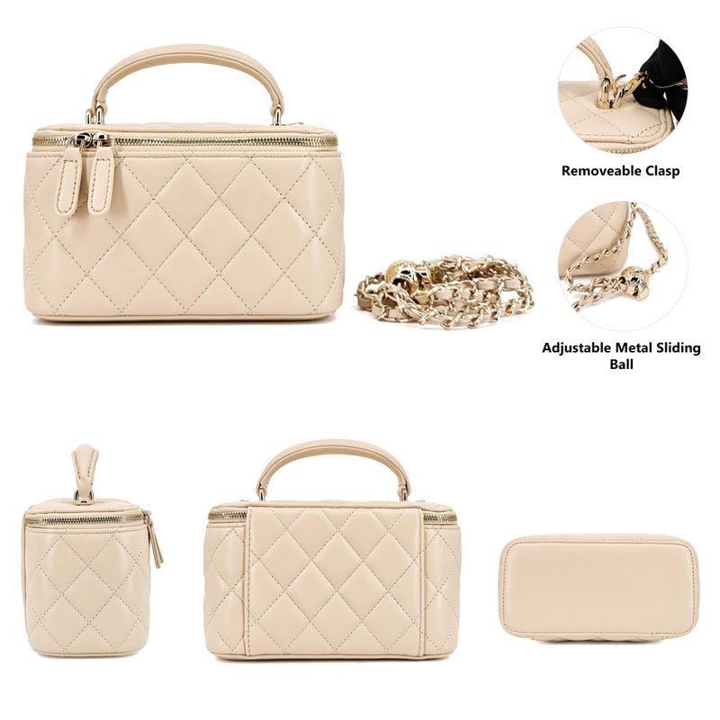 M-ioi-M Genuine Leather Quilted Mini Purse for Women,Soft Lambskin Crossbody Bag with Gold Chain Strap,Small Top-Handle Shoulder Handbag,Designer Evening Vanity Pouch(Vanilla Beige,Detachable Strap) - Image 3