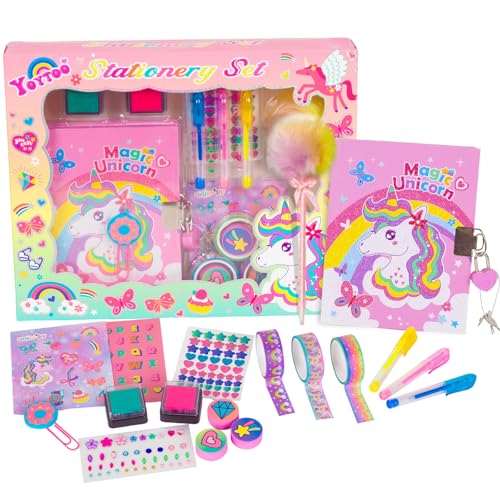 YOYTOO Unicorn Gifts for Girls 5 6 7 8 9 1012 Years Old Kids Unicorn Stationery Set with Secret Diary Stamps Pens Journal Notebook Birthday Gifts for Little Girls - Image 1