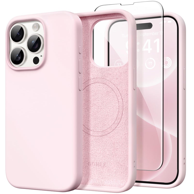 GONEZ for iPhone 15 Pro Max Case Silicone, Compatible with Magsafe, Camera Protector + Screen Protector, Soft Anti-Scratch Microfiber Lining, Liquid Silicone Shockproof Phone Cover, Chalk Pink - Image 1
