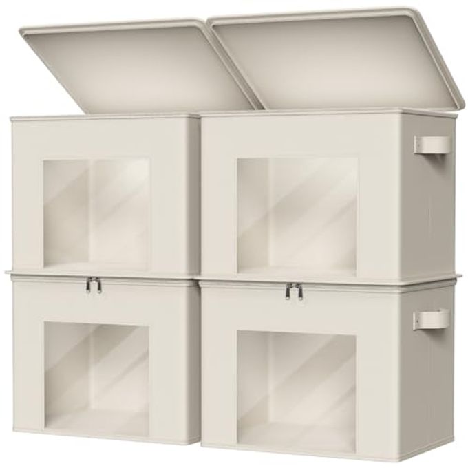Zilink Fabric Storage Bins with Lid 4-Pack Stackable Cloth Storage Bins Sweater Organizer with Zipper & Clear Window Closet Organizers and Storage Box for Home, Office, Bedroom (Beige,17" x 12" x 12")