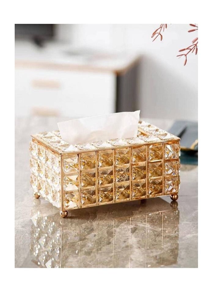 ماركة غير محددة - علبة مناديل زجاج كريستال ديكور جميل وانيق للسيارة والمكتب والمنزل لون ذهبي - Image 1