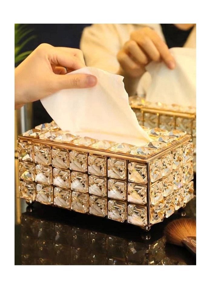 ماركة غير محددة - علبة مناديل زجاج كريستال ديكور جميل وانيق للسيارة والمكتب والمنزل لون ذهبي - Image 1