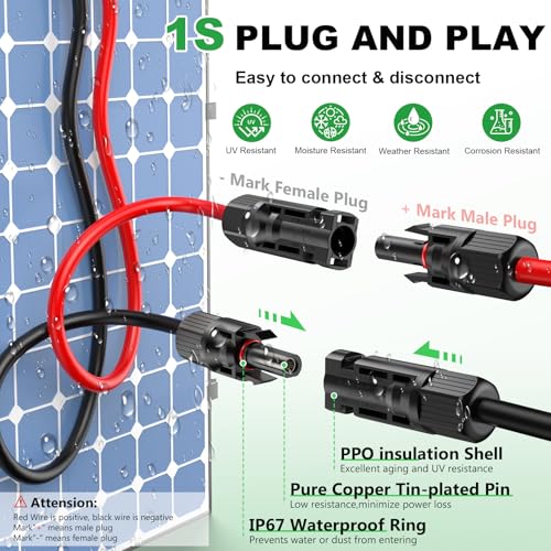 Oududianzi Solar Extension Cable 30Ft 10AWG, Solar Wire, 10 Gauge Tinned Copper PV Wire, Solar Panel Cables with Waterproof Male and Female Connectors for Home Boat RV Solar Photovoltaic Systems - Image 4