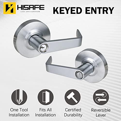 HISAFE Heavy Duty Commercial Grade 2 Keyed Entry Door Lever, Satin Chrome Finished ADA Commercial Handle, UL 3 Hour Fire Rated Ergonomic Lever for Exterior Door and Front Door, 70mm Latch - Image 2